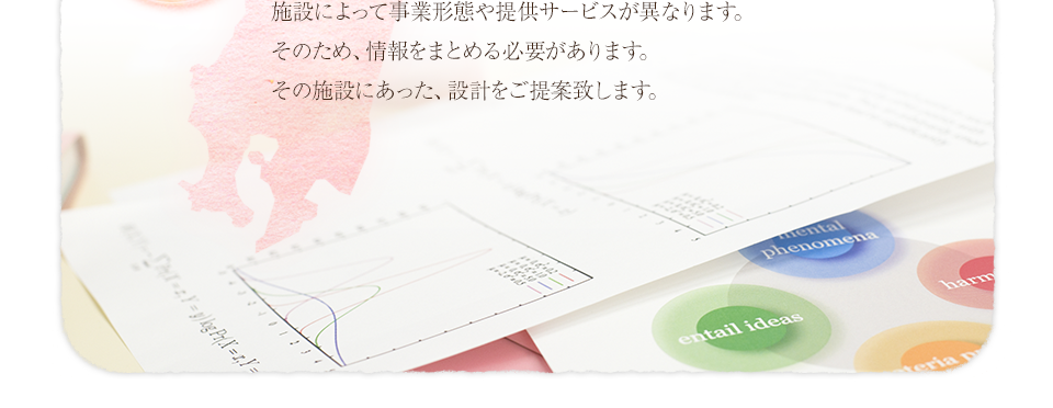 施設によって事業形態や提供サービスが異なります。そのため、情報をまとめる必要があります。その施設にあった設計をご提案いたします。