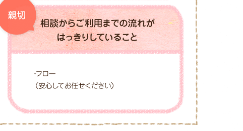 親切。相談からご利用までの流れがはっきりしていること。・フロー(安心してお任せください)